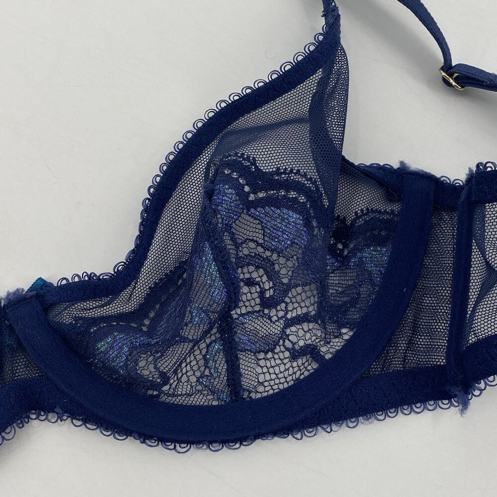 L'Agent Agent Provocateur Non Pad Demi Bra 32C Blue Sheer Lace Glitter - Picture 9 of 9
